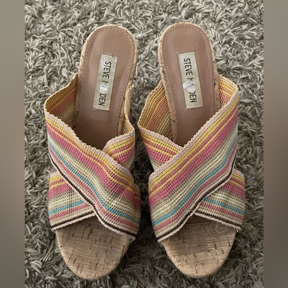 Steve Madden Pride Shimmer Multicolor Rainbow Cork Platform Wedge Sandals 6.5
